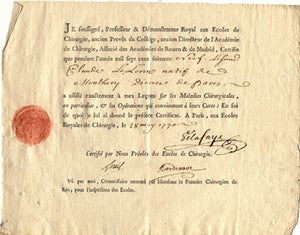 Book Id: 22436 4 Printed certificates for attending lectures in surgery signed by Louis. Antoine Louis.