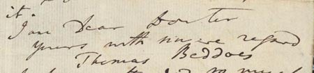 Book Id: 34283 Autograph letter signed to Dr. Girdlestone concerning the founding of the "Pneumatic Institution." Thomas Beddoes.