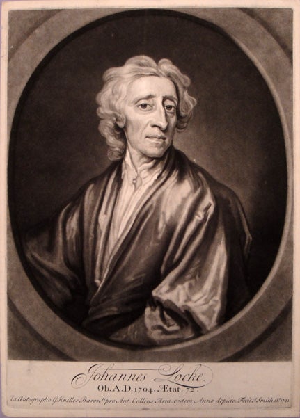 Book Id: 34662 Large cameo mezzotint portrait engraved by J. Smith after painting by Geoffrey Kneller (1704). John Locke.