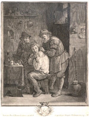 Book Id: 37852 The Surgeon (removing a growth from the back of his patient) engraved by Jacques Coelemans, 1703. 19 x 24.5 cm. David Tenniers le Jeune.
