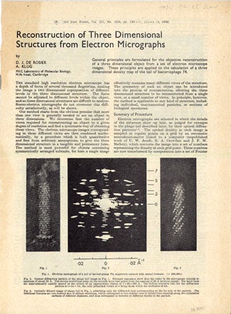 Book Id: 38691 Optical filtering of electron micrographs + Reconstruction of three dimensional structures from electron micrographs. Klug, de Rosier.