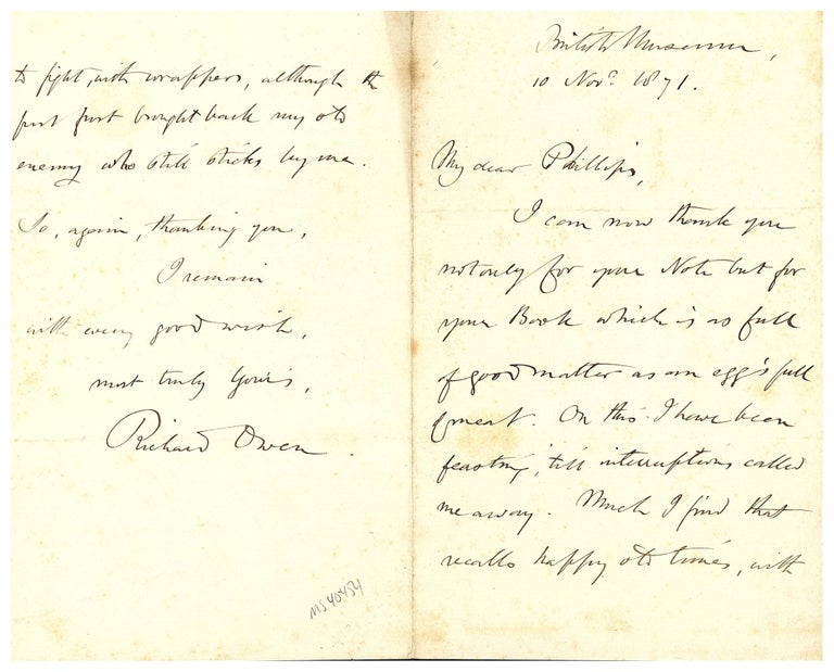 Book Id: 40454 Autograph letter signed to John Phillips. Richard Owen.