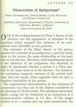 Book Id: 40520 Observation of antiprotons. Owen Chamberlain, Emilio Segre