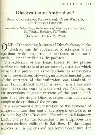 Book Id: 40520 Observation of antiprotons. Owen Chamberlain, Emilio Segre.
