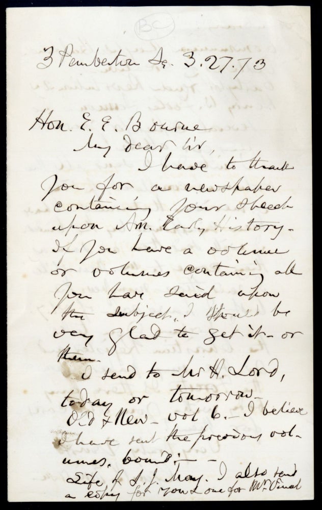 Book Id: 40652 Autograph letter signed to Edward Emerson Bourne. George Barrell Emerson.