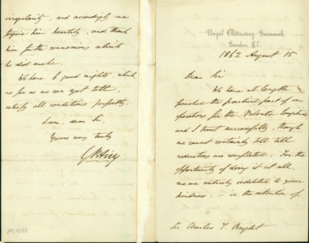 Book Id: 40711 Autograph letter signed to Charles Tilston Bright. George Biddell Airy.