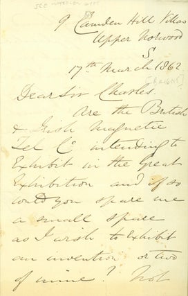 Book Id: 40731 Autograph letter signed to Charles Tilston Bright. Charles Coles...