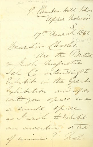 Book Id: 40731 Autograph letter signed to Charles Tilston Bright. Charles Coles Adley.