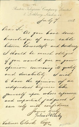 Book Id: 40743 Letter signed to Latimer Clark. Julius Reuter, Baron, Paul