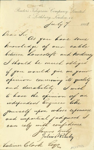 Book Id: 40743 Letter signed to Latimer Clark. Julius Reuter, Baron, Paul.
