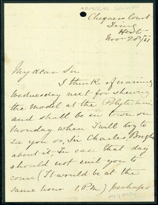 Book Id: 40754 Autograph letter signed, probably to Latimer Clark. Jasper Henry Selwyn, Admiral.