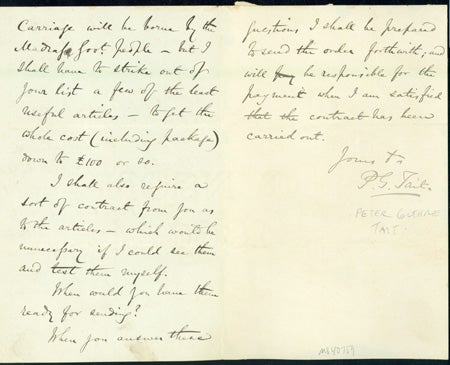 Book Id: 40759 Autograph letter signed to Latimer Clark. Peter Guthrie Tait.