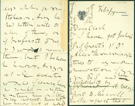 Book Id: 40780 Autograph letter signed to Latimer Clark. William Thomson, first Baron Kelvin.