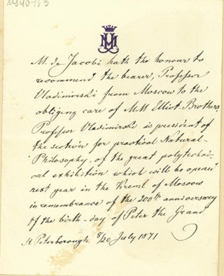 Autograph letter to Elliot Brothers. Moritz Hermann von Jacobi.