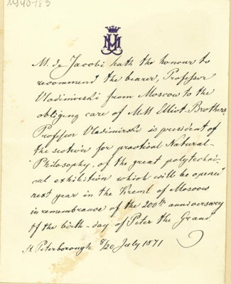 Book Id: 40783 Autograph letter to Elliot Brothers. Moritz Hermann von Jacobi.