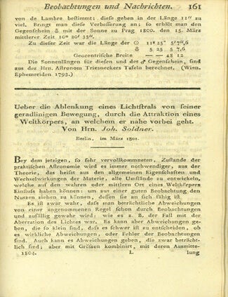 Book Id: 40861 Ueber die Ablenkung eines Lichtstrals von seiner geradlinigen Bewegung, durch die Attraktion eines Weltk&ouml;rpers . . Johann Soldner.