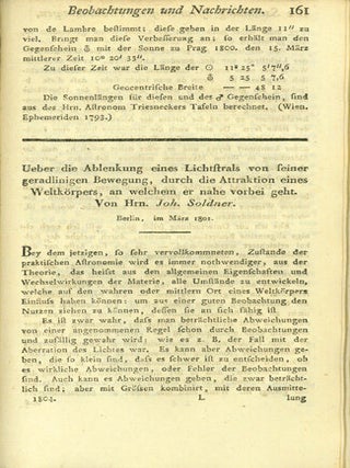 Ueber die Ablenkung eines Lichtstrals von seiner geradlinigen Bewegung, durch die Attraktion. Johann Soldner.