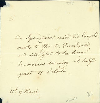 Book Id: 41070 Autograph note to Mr. W. Trevelyan. Johann Gaspar Spurzheim