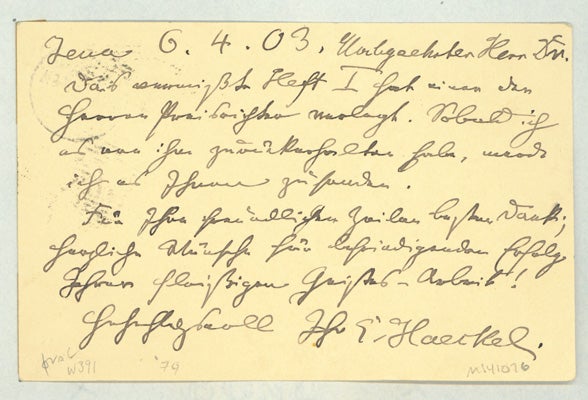 Book Id: 41076 Autograph postcard signed to Dr. Siegfried Tietze. Ernst Haeckel.