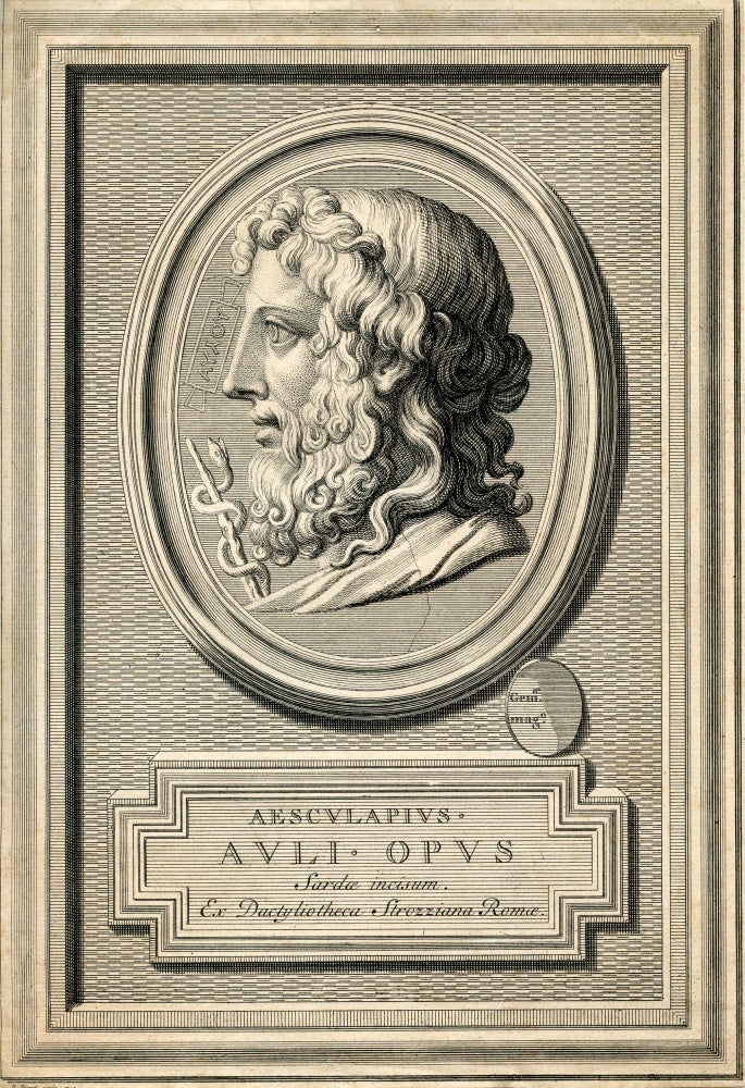 Book Id: 41190 Auli Opus Sarde incisum Ex Dactytiotheca Strozziana Romae. Engraved Portrait by B. Picart. Aesculapius.