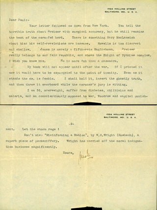 Typed letter signed to Gilman D'Arcy Paul. Henry L. Mencken.