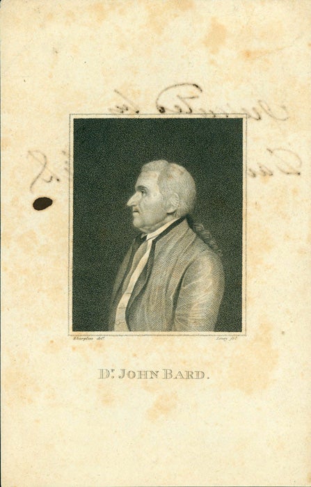 Book Id: 42749 Profile portrait of John Bard (1719-1799) engraved by Leney after a drawing by Sharpless. Image measures 85 x 70 mm. Margins extend to 190 x 120 mm. Inscribed on verso in ink: Presented by David Hosack, M.D. John Bard.