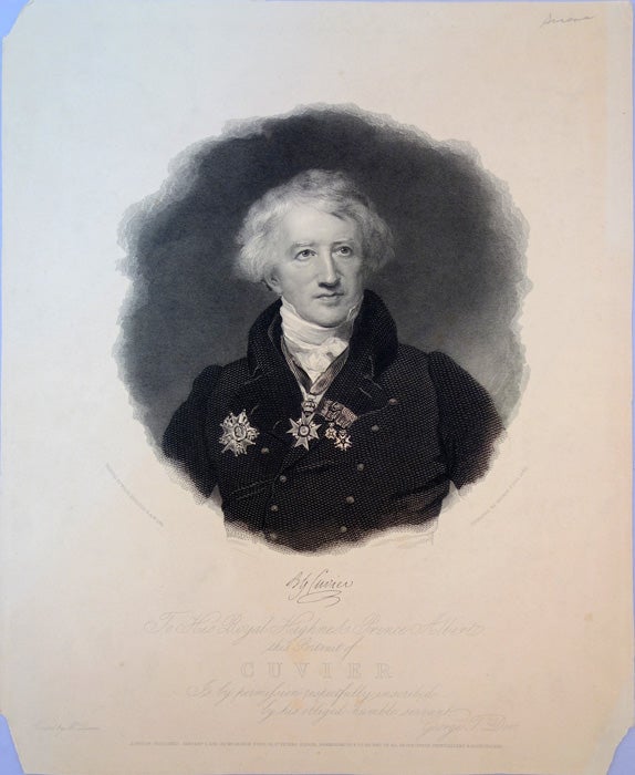 Book Id: 42750 Portrait of Cuvier engraved by George A. Doo after the painting by W. H. Pickersgill painted in 1831. 370 x 290 mm. Chips missing from upper left and both lower corners, not affecting image or text. Very good condition. Georges Cuvier.