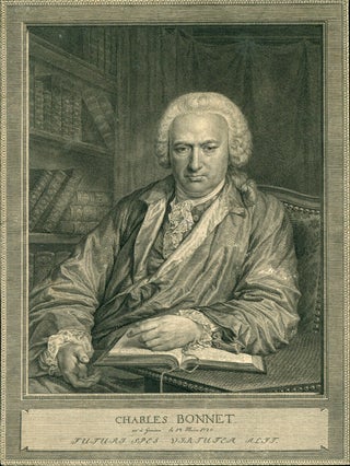 Book Id: 42755 Engraved portrait of Bonnet, pensive, sitting at his desk in his...