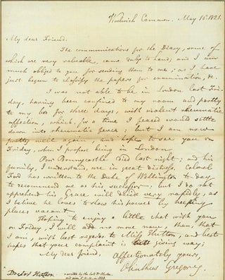Autograph letter signed to Charles Hutton. Olinthus Gilbert Gregory.