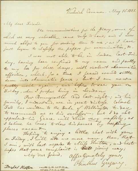 Book Id: 42775 Autograph letter signed to Charles Hutton. Olinthus Gilbert Gregory.