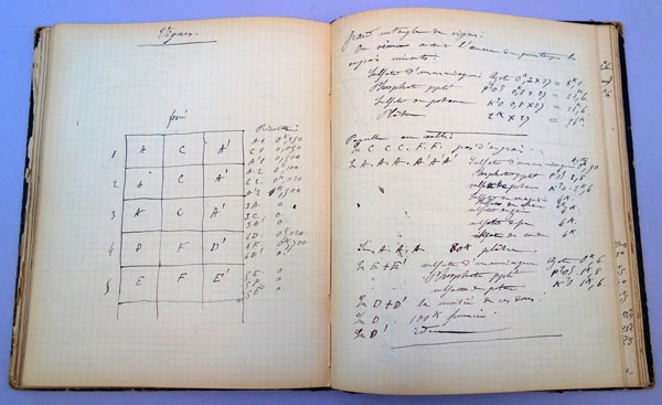 Book Id: 42803 Autograph manuscript notebook of field experiments, 1890-91, 1891-92, and 1892-93. 130 leaves. Jules Raulin.