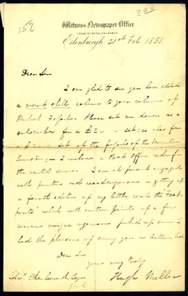 Book Id: 43015 Autograph letter signed to Edward Charlesworth. Hugh Miller