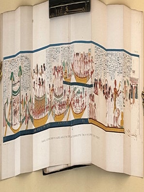 Manners and Customs of the Ancient Egyptians, including their private life, government, laws, arts, manufactures, religion, and early history; derived form a comparison of the paintings, sculptures, and monuments still existing, with the accounts of ancient authors. Illustrated by drawings of those subjects... In three volumes. SECOND EDITION (1842) [with] A Second Series of the Manners and Customs of the Ancient Egyptians.... 1841. Two volumes and a volume of plates. London: John Murray, Albemarle Street. 1842; 1841. Octavos. xxxvi, 406; xxxvi, 446; xxiv, 404pp. The 'First Series' containing more than four hundred illustrations, including seventeen lithographed plates (several in color and/or folding). xxx, 444; xxxvi, 483; The 'Second Series' containing more than five hundred illustrations (again, from woodcuts & vignettes) in its first two volumes; the third volume of this 'second series' with more than seventy plates - many of then folding, and several of them richly printed in colors. With a 37p 'Index' after the plates. Six volumes in all, uniformly bound in brown-black cloth over boards, the spines and front covers gilt. All volumes recased, spines restored. Fine set rare in original cloth.
