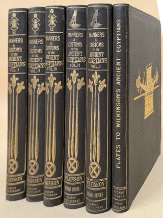Manners and Customs of the Ancient Egyptians, including their private life, government, laws, arts, manufactures, religion, and early history; derived form a comparison of the paintings, sculptures, and monuments still existing, with the accounts of ancient authors. Illustrated by drawings of those subjects... In three volumes. SECOND EDITION (1842) [with] A Second Series of the Manners and Customs of the Ancient Egyptians.... 1841. Two volumes and a volume of plates. London: John Murray, Albemarle Street. 1842; 1841. Octavos. xxxvi, 406; xxxvi, 446; xxiv, 404pp. The 'First Series' containing more than four hundred illustrations, including seventeen lithographed plates (several in color and/or folding). xxx, 444; xxxvi, 483; The 'Second Series' containing more than five hundred illustrations (again, from woodcuts & vignettes) in its first two volumes; the third volume of this 'second series' with more than seventy plates - many of then folding, and several of them richly printed in colors. With a 37p 'Index' after the plates. Six volumes in all, uniformly bound in brown-black cloth over boards, the spines and front covers gilt. All volumes recased, spines restored. Fine set rare in original cloth.