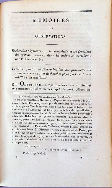 Book Id: 43262 Rcherches physiques sur les proprietes et les fonctions du systeme nerveux dans les animaux vertebres. IN Archive generales de medicine II (1823) G-M 1391. Pierre Flourens.