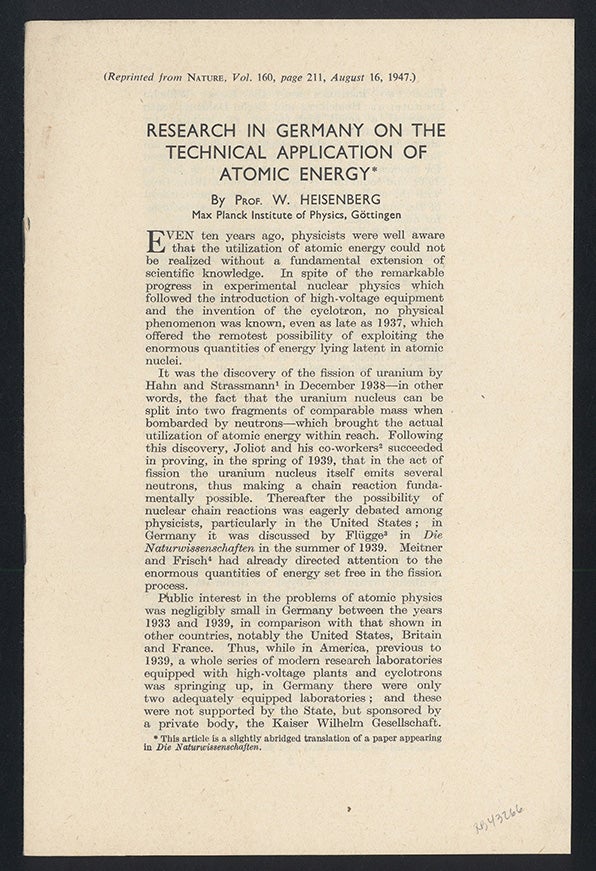 Book Id: 43266 Research in Germany on the technical application of atomic energy. Offprint. Werner Heisenberg.