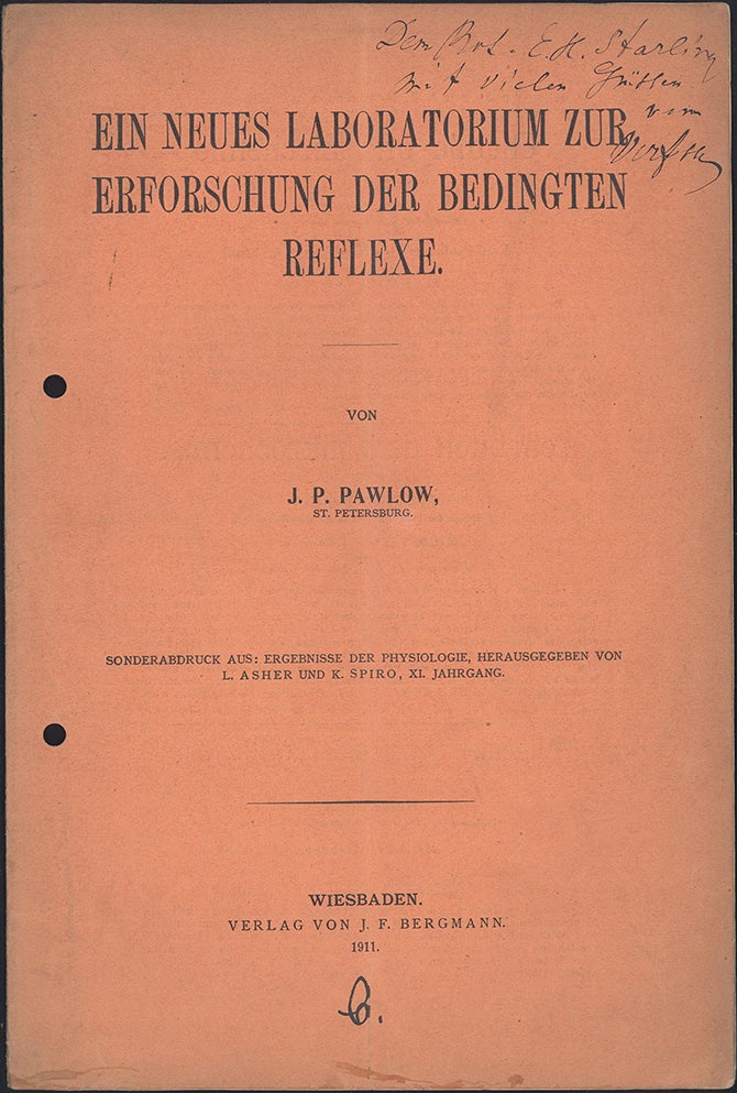 Book Id: 43275 Ein neues Laboratorium zur Erforschung der bedingten Reflexe. Offprint. Ivan Petrovich Pavlov.