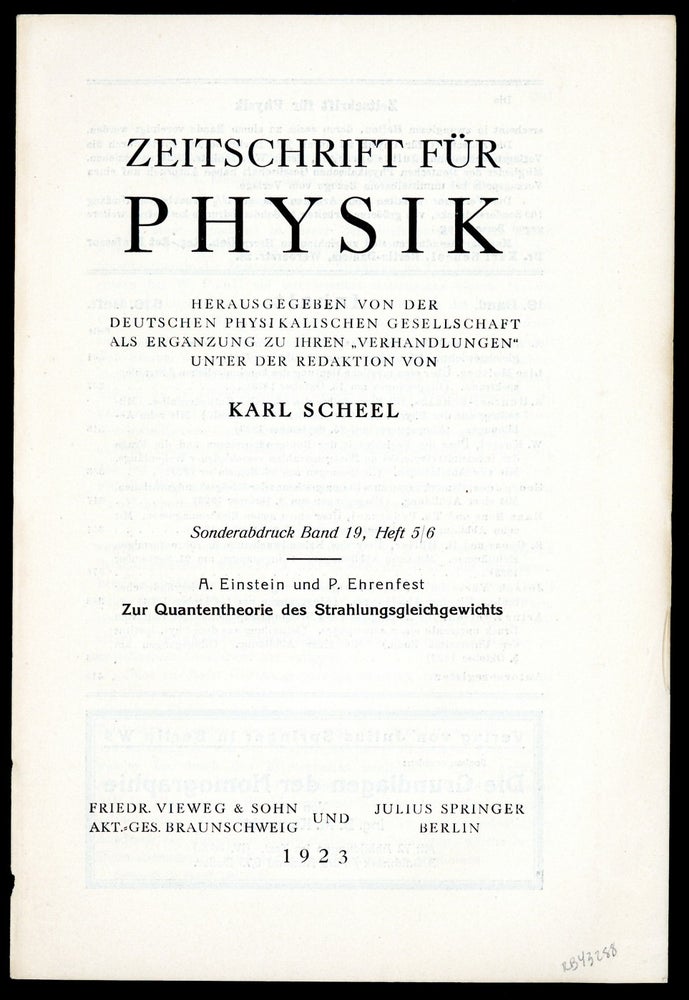 Book Id: 43288 Zur Quantentheorie des Strahlungsgleichgewichts. Offprint. Albert Einstein, Paul Ehrenfest.