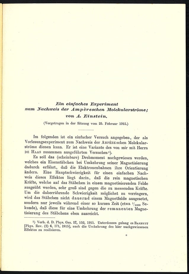 Book Id: 43294 Ein einfaches Experiment zum Nachweis der Ampèreschen Molekularströme. Offprint. Albert Einstein.