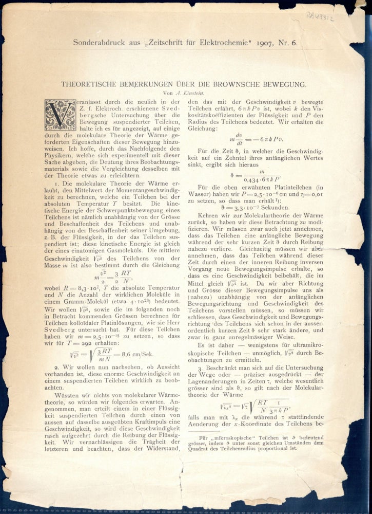 Book Id: 43312 Theoretische Bemerkungen über die Brownsche Bewegung. Offprint. Albert Einstein.