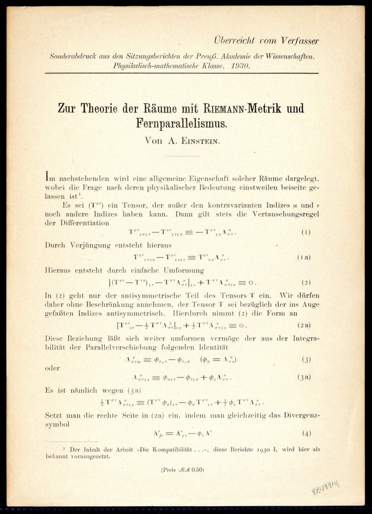 Book Id: 43314 Zur Theorie der Räume mit Riemann-Metrik und Fernparallelismus. Offprint. Albert Einstein.
