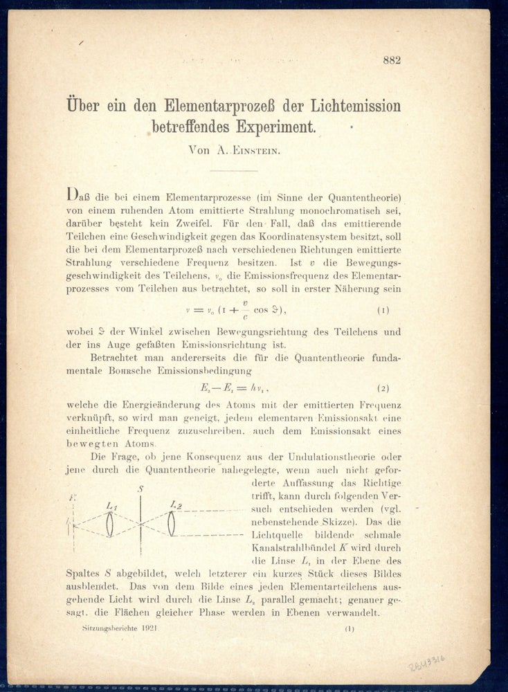 Book Id: 43316 Über ein den Elementarprozeß der Lichtemission betreffendes Experiment. Offprint. Albert Einstein.