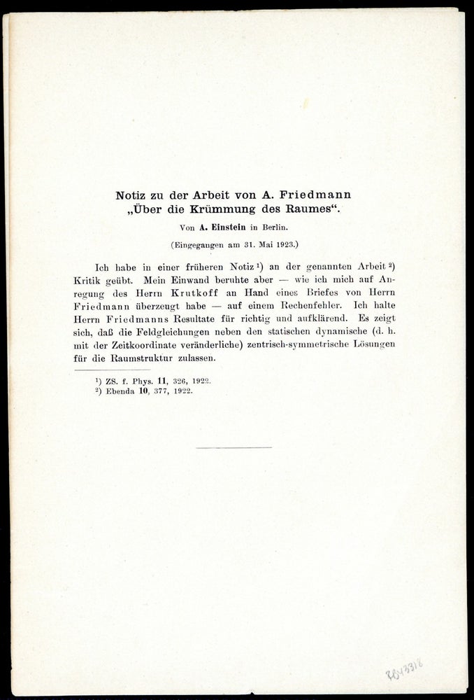 Book Id: 43318 Notiz zu der Arbeit von A. Friedmann "Über die Krümmung des Raumes." Offprint. Albert Einstein.