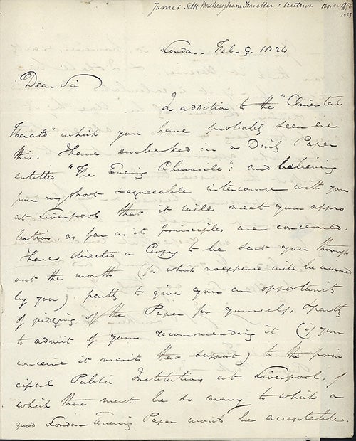 Book Id: 43370 3 autograph letters signed to William Rathbone. James Silk Buckingham.
