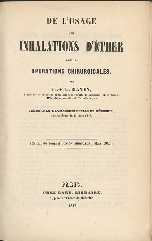 Book Id: 43434 De l'usage des inhalations d'ether dans les operations chirurgicales. Ph.-Fred Blandin.