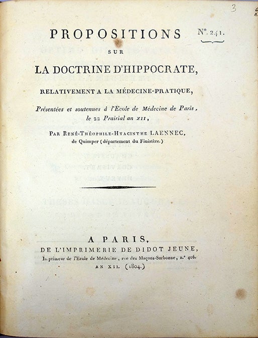 Book Id: 43499 Propositions sur la doctrine d'Hippocrate, relativement a la médecine-pratique. Rene-Theophile-Hyacinthe Laennec.