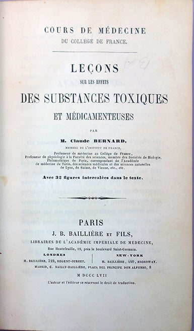 Book Id: 43590 Lecons sur les effets des substances toxiques et medicamenteuses. Claude Bernard.