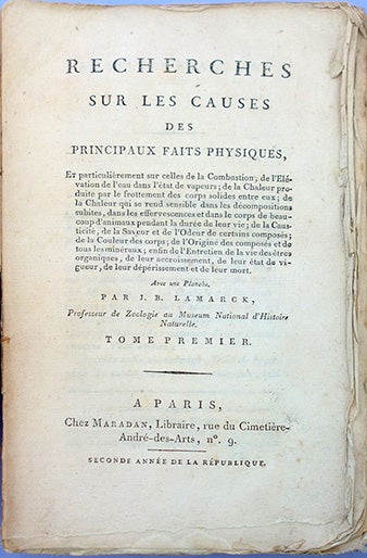 Book Id: 43640 Recherches sur les causes des principaux faits physiques. 2 vols. Jean Baptiste Lamarck.