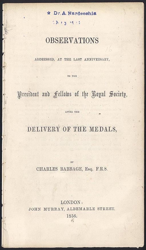 Book Id: 43840 Observations addressed, at the last anniversary, to the president and fellows of the Royal Society . . Charles Babbage.