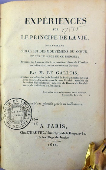 Book Id: 44026 Experiences sur le principe de la vie. Julein Jean Cesar Le Gallois.